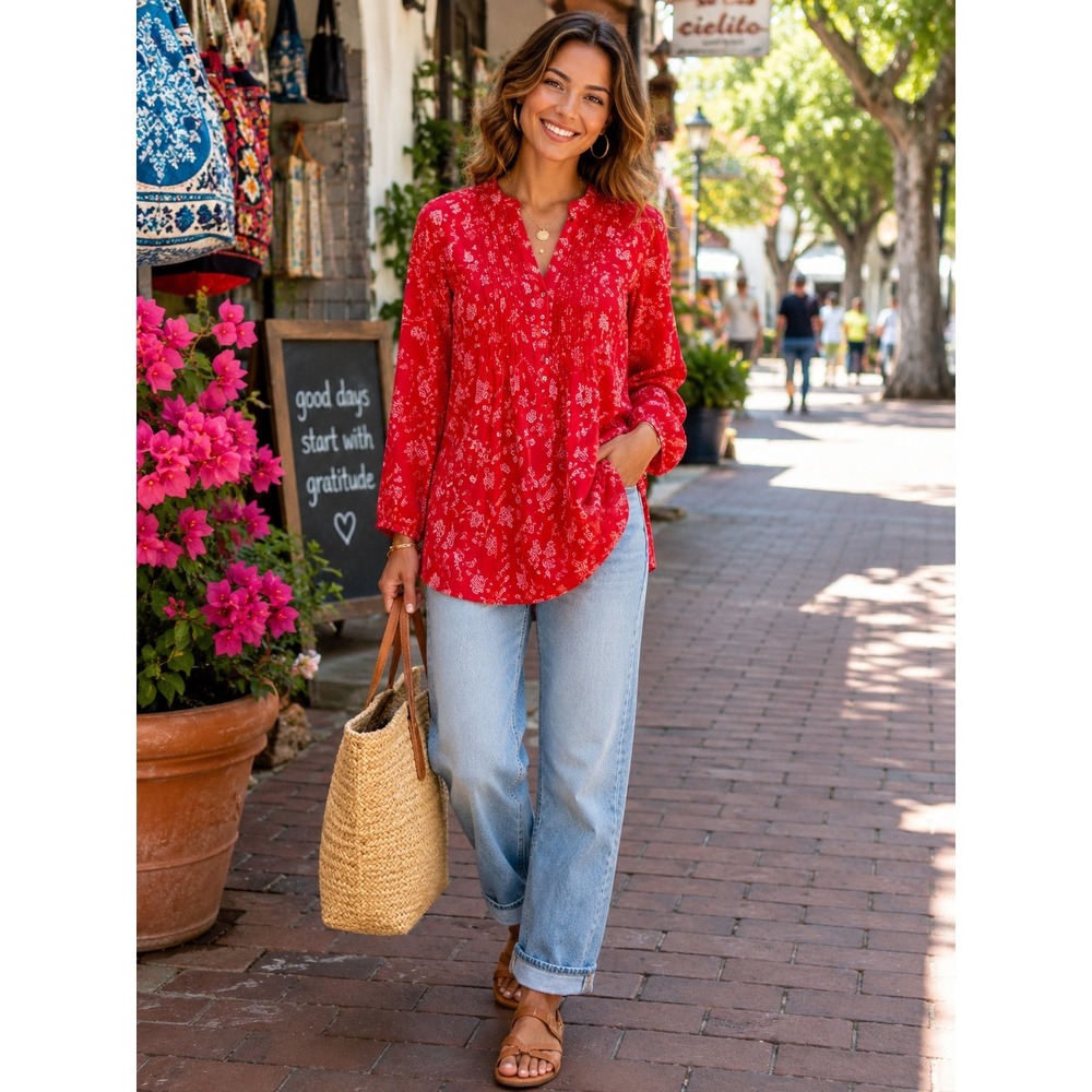 Fabindia Red Floral Block Print Cotton Tunic Top NWT Small‎